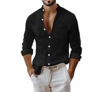 Generisch Camicia da uomo a maniche lunghe in cotone e lino, slim fit, per affari e tempo libero, da spiaggia, a maniche lunghe, Nero , L