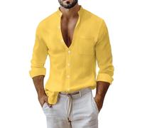 Generisch Camicia da uomo a maniche lunghe in cotone e lino, slim fit, per affari e tempo libero, da spiaggia, a maniche lunghe, giallo., S