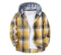 Generisch Camicia da uomo a quadri, casual, a maniche lunghe con cappuccio, oversize, vintage, per il tempo libero, O giallo, M