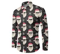 Generisch Camicia da uomo con collo alto, camicia natalizia per uomo in autunno e inverno, maniche lunghe, abbottonatura, stampa completa, camicie divertenti con un'atmosfera speciale, Nero , S