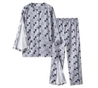 Generisch Camicia da uomo dopo operazioni, piena apertura del braccio, maniche lunghe, in cotone traspirante, set da uomo a quadri, basic pigiameria in due pezzi, per la paralisi anziani, grigio scuro