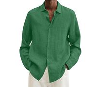 Generisch Camicia da uomo in cotone e lino, a maniche lunghe, leggera, per il tempo libero, in tinta unita, con colletto rovesciato, casual, vestibilità normale, per il tempo libero, verde, 3XL