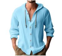 Generisch Camicia da uomo in lino a maniche lunghe con cappuccio, per il tempo libero, in cotone e lino, camicia hawaiana, leggera e sottile, comoda felpa con cappuccio Henley, 03 azzurro cielo, L