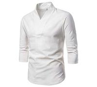 Generisch Camicia da uomo in lino, maniche a 3/4, estiva, per il tempo libero, oversize, comoda camicia a maniche corte, collo alto, traspirante, camicia estiva tradizionale, classica, tinta unita