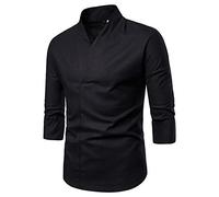Generisch Camicia da uomo in lino, maniche a 3/4, estiva, per il tempo libero, oversize, comoda camicia a maniche corte, collo alto, traspirante, camicia estiva tradizionale, classica, tinta unita