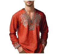 Generisch Camicia da uomo medievale in lino con ricamo, a maniche lunghe, stile etnico, tradizionale, casual, per il tempo libero e le vacanze, retrò, a maniche lunghe con scollo a V