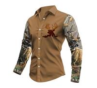 Generisch Camicia da uomo per il tempo libero con maniche mimetiche e grafica a cervo, a maniche lunghe, in stile esterno, robusta camicia da caccia ed escursionismo per uomini, Stile X05 kaki, XXL