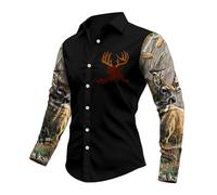 Generisch Camicia da uomo per il tempo libero con maniche mimetiche e grafica a cervo, a maniche lunghe, in stile esterno, robusta camicia da caccia ed escursionismo per uomini, Stile X02 Nero, M