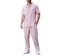 Generisch Camicia da uomo per il tempo libero e per il tempo libero, set da due pezzi, tuta casual da spiaggia, per vacanze, tinta unita, a maniche corte + pantaloni, abbigliamento sportivo, Colore