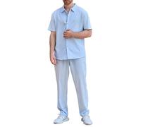 Generisch Camicia da uomo per il tempo libero e per il tempo libero, set da due pezzi, tuta casual da spiaggia, per vacanze, tinta unita, a maniche corte + pantaloni, abbigliamento sportivo, Celeste