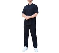 Generisch Camicia da uomo per il tempo libero e per il tempo libero, set da due pezzi, tuta casual da spiaggia, per vacanze, tinta unita, a maniche corte + pantaloni, abbigliamento sportivo, Nero , L