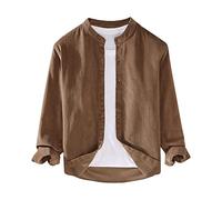 Generisch Camicia da uomo retrò con colletto alto, alla moda, a maniche lunghe, tinta unita, elegante, stile classico, tessuto di alta qualità, cachi, L