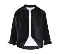 Generisch Camicia da uomo retrò con colletto alto, alla moda, a maniche lunghe, tinta unita, elegante, stile classico, tessuto di alta qualità, Nero , XL