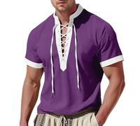 Generisch Camicia da uomo retrò in lino in cotone e lino, per il tempo libero, a maniche corte, colletto alto, con coulisse, tinta unita, alla moda, per la spiaggia, per le vacanze, per i pirati
