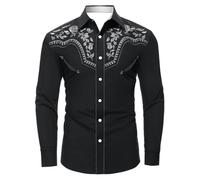 Generisch Camicia da uomo Western Cowboy con stampa, a maniche lunghe, classica, con bottoni automatici, elegante per l'uso quotidiano, Nero , 5XL