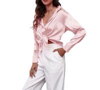Generisch Camicia di raso da donna in seta imitazione camicia a maniche lunghe nuovo abbigliamento di frontiera commerciale europeo ed estero, Colore: rosa., XL