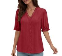 Generisch Camicia estiva a maniche corte da donna, alla moda, con tasche, ideale per tutti i giorni, per il tempo libero, taglio casual, puro misto cotone, Vino, XXL