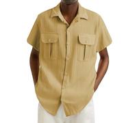 Generisch Camicia estiva da uomo a maniche corte, in lino, per il tempo libero, da spiaggia, con risvolto, con tasche, camicia da lavoro, camicia da uomo, a righe, tinta unita, a maniche corte, cachi