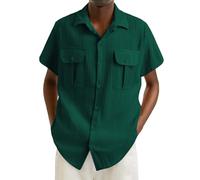Generisch Camicia estiva da uomo a maniche corte, in lino, per il tempo libero, da spiaggia, con risvolto, con tasche, camicia da lavoro, camicia da uomo, a righe, tinta unita, a maniche corte, verde