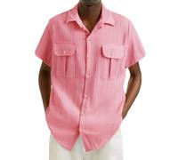 Generisch Camicia estiva da uomo a maniche corte, in lino, per il tempo libero, da spiaggia, con risvolto, con tasche, camicia da lavoro, camicia da uomo, a righe, tinta unita, a maniche corte, Colore