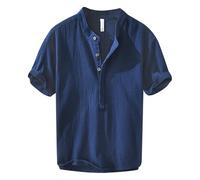 Generisch Camicia estiva da uomo in lino con maniche corte e mezzo bottoni, Blu, L