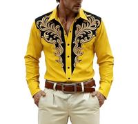 Generisch Camicia festiva a maniche lunghe con stampa western da uomo, camicia medievale con bottoni, per abiti da cowboy, tempo libero, feste, giallo., L