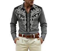 Generisch Camicia festiva a maniche lunghe con stampa western da uomo, camicia medievale con bottoni, per abiti da cowboy, tempo libero, feste, grigio., XXL