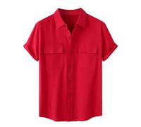 Generisch Camicia hawaiana da uomo, a maniche corte, estiva, leggera, con colletto rovesciato, doppia tasca, per il tempo libero, traspirante, Colore: rosso, L