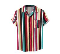 Generisch Camicia hawaiana da uomo estiva a maniche corte, colletto cubano, stampa a righe, leggera, in cotone, elegante, per il tempo libero, le vacanze, la spiaggia, Colore: rosso, L
