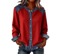 Generisch Camicia in jeans con dettagli patchwork, abbottonatura, maniche lunghe, casual, cardigan frontale, per l'uso quotidiano, Colore: rosso, M