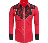 Generisch Camicia in jeans da uomo, stile western, casual, a maniche lunghe, in cotone, per Halloween, stile cowboy, per feste, con autentico denim, Rosso anguria., XL