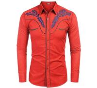 Generisch Camicia in jeans da uomo, stile western, casual, a maniche lunghe, in cotone, per Halloween, stile cowboy, per feste, con autentico denim, Colore: rosso, L
