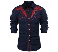 Generisch Camicia in jeans da uomo, stile western, casual, a maniche lunghe, in cotone, per Halloween, stile cowboy, per feste, con autentico denim, Blu marino, S