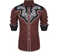 Generisch Camicia in jeans da uomo, stile western, casual, a maniche lunghe, in cotone, per Halloween, stile cowboy, per feste, con autentico denim, marrone, S