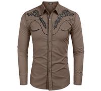 Generisch Camicia in jeans da uomo, stile western, casual, a maniche lunghe, in cotone, per Halloween, stile cowboy, per feste, con autentico denim, caffè, XL