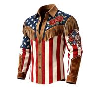 Generisch Camicia in jeans in stile occidentale con frange decorative per l'anniversario, come camicia casual da uomo, Colore: rosso, 5XL