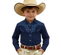 Generisch Camicia in jeans western con stampa per ragazzi, una camicia alla moda in misto denim con bottoni, ideale per tutti i giorni, giochi e feste., Blu marino, 8-9 Anni