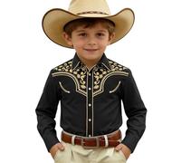 Generisch Camicia in jeans western con stampa per ragazzi, una camicia alla moda in misto denim con bottoni, ideale per tutti i giorni, giochi e feste., Nero , 10-11 Anni