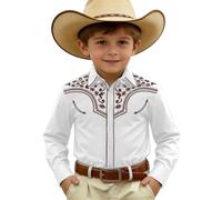 Generisch Camicia in jeans western con stampa per ragazzi, una camicia alla moda in misto denim con bottoni, ideale per tutti i giorni, giochi e feste., bianco, 12-13 Anni