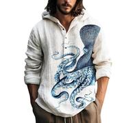 Generisch Camicia in lino, da uomo, a maniche lunghe, con cappuccio, per il tempo libero, a maniche lunghe, in cotone, con cappuccio, leggera, con bottoni, a maniche lunghe, estiva, comoda per il