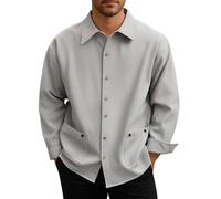 Generisch Camicia in lino da uomo a maniche lunghe, maglietta estiva con bottoni, in lino, a maniche lunghe, leggera, traspirante, tinta unita, classica, per vacanze e spiaggia, grigio chiaro, XL