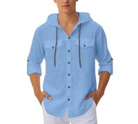 Generisch Camicia in lino da uomo in lino, con cappuccio in cotone, a maniche lunghe, leggera, con doppia tasca sul petto, camicia a maniche lunghe, traspirante, per il tempo libero, tinta unita