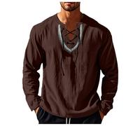 Generisch Camicia in lino da uomo, vintage, stile rinascimentale, con lacci, camicia a maniche lunghe, in cotone, per il tempo libero, per il tempo libero, per i vichinghi, pirati medievali, retrò