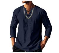 Generisch Camicia in lino da uomo, vintage, stile rinascimentale, con lacci, camicia a maniche lunghe, in cotone, per il tempo libero, per il tempo libero, per i vichinghi, pirati medievali, retrò