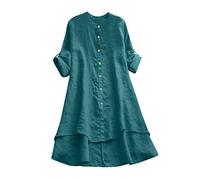 Generisch Camicia in lino per le donne Lungo allentato Bottoni Soild-Bicle Casual Camicetta da donna Top Nero Sexy, verde, 4XL