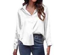 Generisch Camicia in raso da donna, in finta seta, a maniche lunghe, confine europea e americana, abbigliamento da donna, bianco, XL