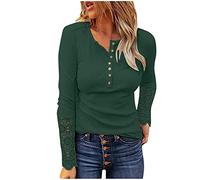 Generisch Camicia lunga da donna con scollo a V, decorazione in pizzo abbottonata con maniche come camicia a tunica per eleganza alla moda, verde militare, M