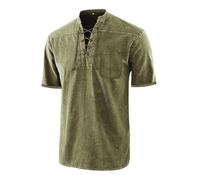 Generisch Camicia medievale da uomo con scollo a V, in lino, gotica, vintage, a maniche corte, per il tempo libero, leggera, per escursioni, taglie forti, tinta unita, O verde dell'esercito, M