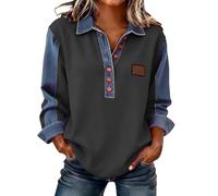 Generisch Camicia patchwork in jeans con maniche lunghe, abbottonatura, design casual, dettagli in tessuto a contrasto, vestibilità comoda per le donne nella vita di tutti i giorni, grigio scuro, L