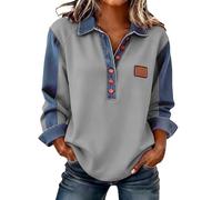 Generisch Camicia patchwork in jeans con maniche lunghe, abbottonatura, design casual, dettagli in tessuto a contrasto, vestibilità comoda per le donne nella vita di tutti i giorni, grigio chiaro., S